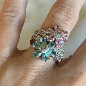 Aquamarine and pink floral 925 ring size 5